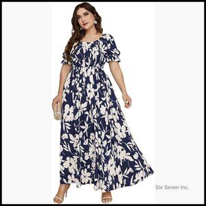 Plus Size Floral Maxi Dress Short Sleeve Shirred Boho Beach Wedding